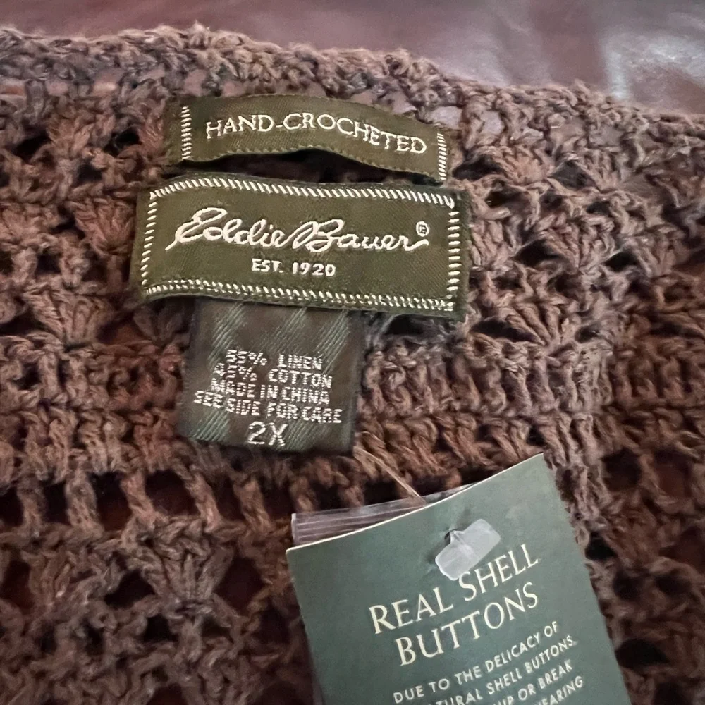 NWT Eddie Bauer hand crocheted brown cardigan. 3/4 length sleeves. Size 2X - Picture 4 of 5